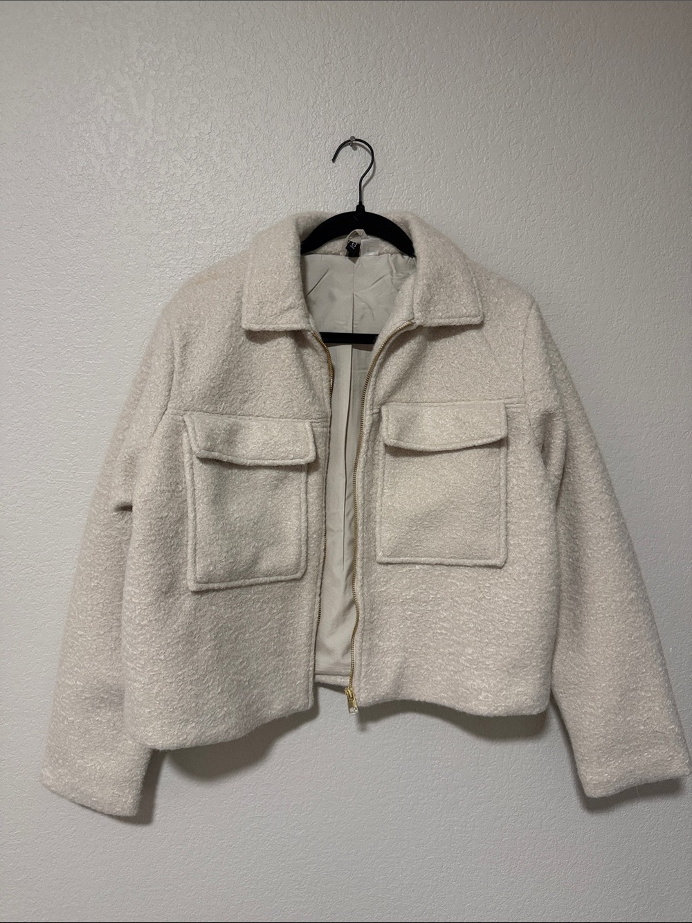 Cream Bouclé Zip-Front Jacket with Patch Pockets